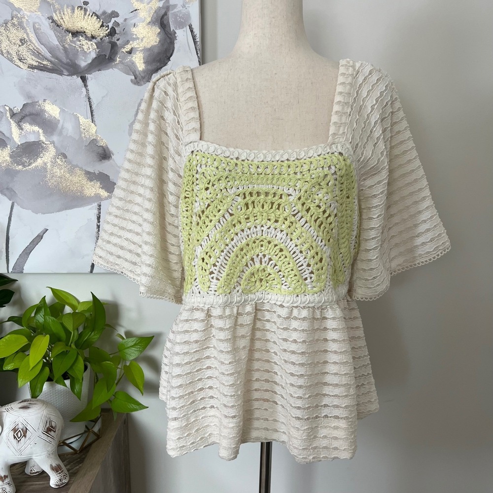 Womens Large White Crochet Kimono Sleeve Boho Cottage Fairy Hippie Tunic‎ Peplum